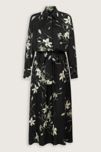 Black-Green Silk Dress with Lily Waist Detail - 2