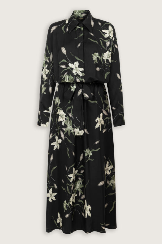 Black-Green Silk Dress with Lily Waist Detail - 2