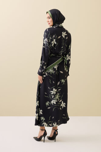 Black-Green Silk Dress with Lily Waist Detail - 5