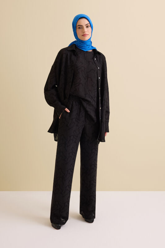 Black Linen Jacquard Trousers - 1