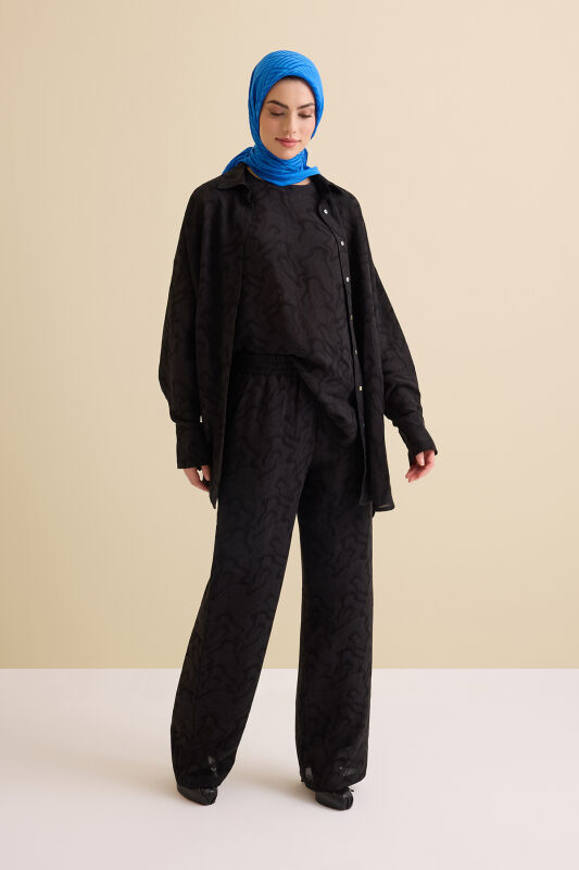 Black Linen Jacquard Trousers - 7