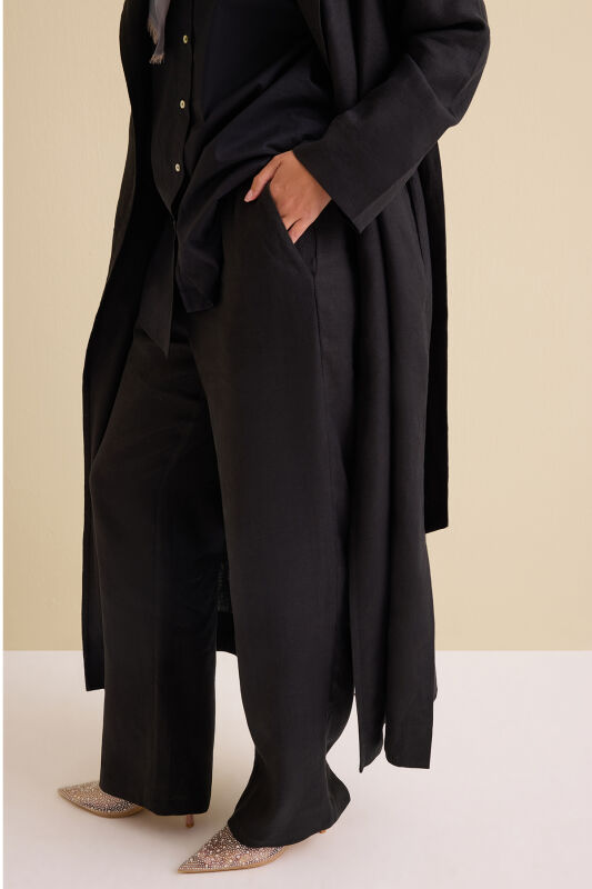 Black Linen Trousers with Pockets - 3