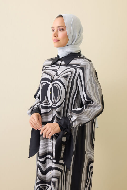 Black Silk Shirt Dress in the Waves - 5