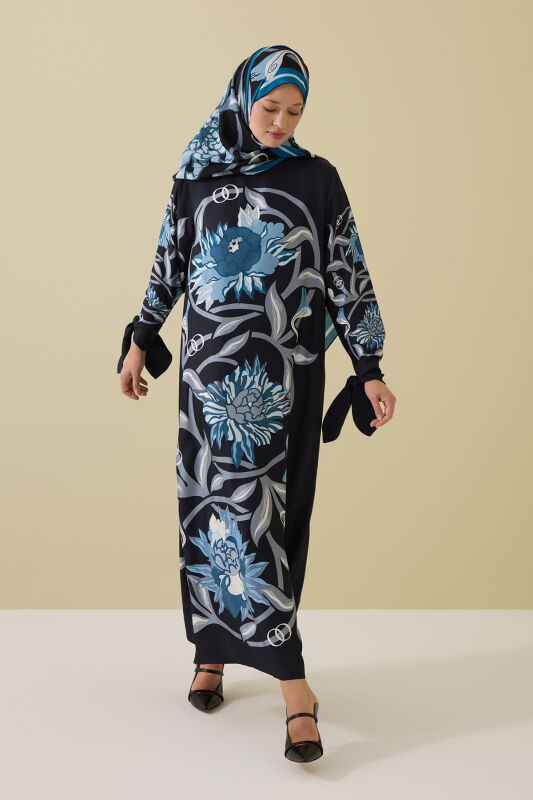 Black-Turquoise Silk Dress with Flower Path Cuff Detail - 1