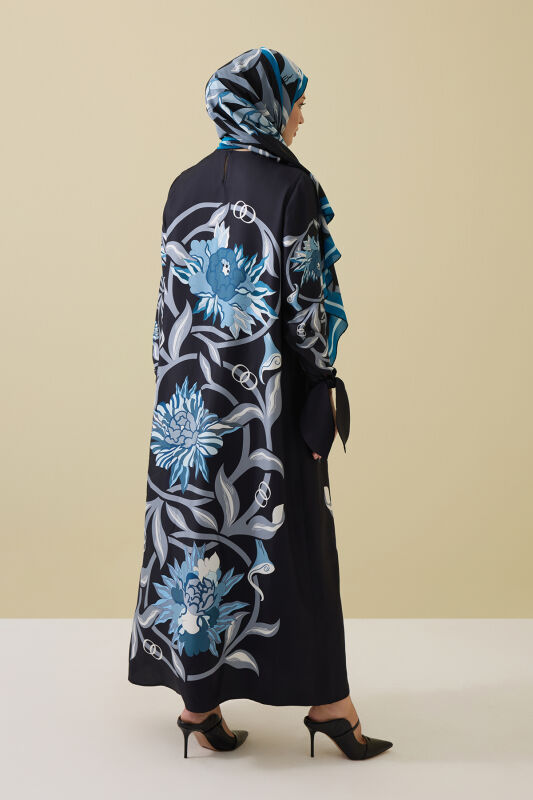 Black-Turquoise Silk Dress with Flower Path Cuff Detail - 5