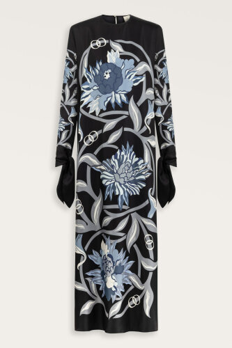Black-Turquoise Silk Twill Dress with Flower Path Cuff Detail - 2