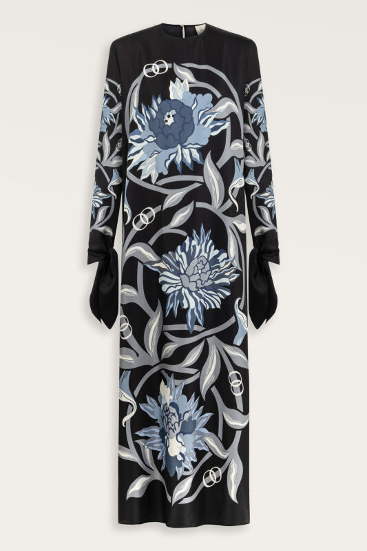 Black-Turquoise Silk Twill Dress with Flower Path Cuff Detail - 2