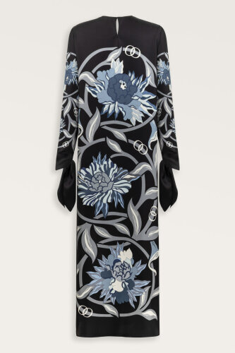 Black-Turquoise Silk Twill Dress with Flower Path Cuff Detail - 4