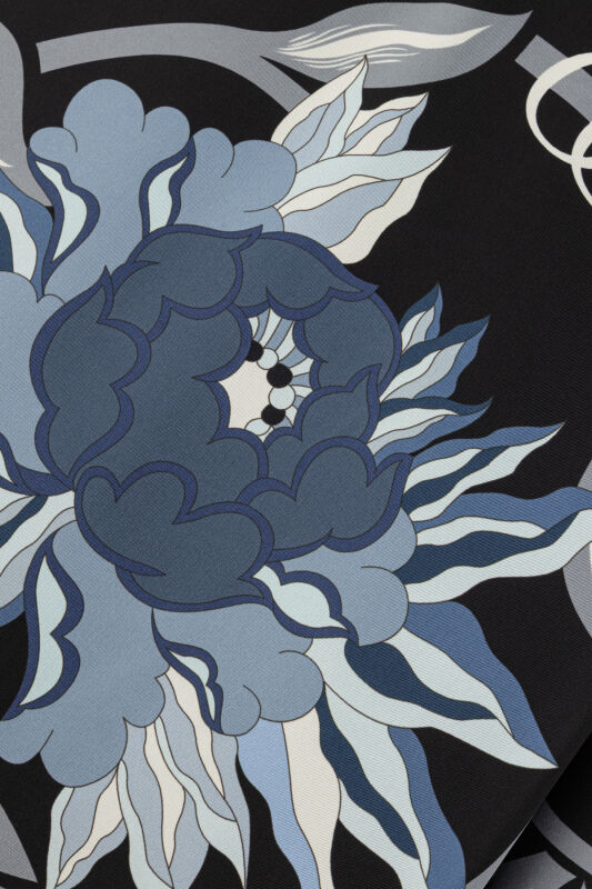 Black-Turquoise Silk Twill Dress with Flower Path Cuff Detail - 6