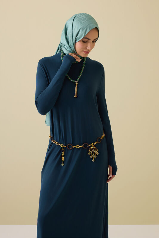 Boğazlı Lacivert Penye Elbise - 4