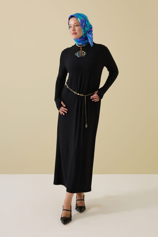 Boğazlı Siyah Penye Elbise - 1