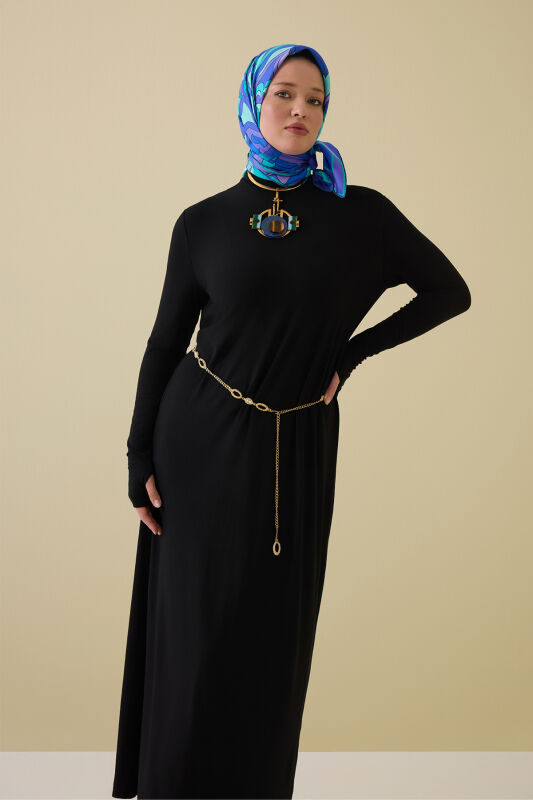 Boğazlı Siyah Penye Elbise - 3