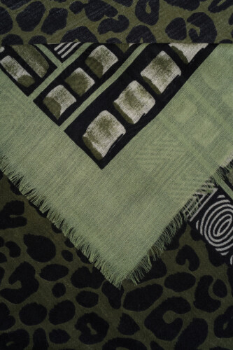 Border Leopard Khaki Wool Silk Shawl - 2