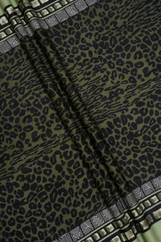 Border Leopard Khaki Wool Silk Shawl - 3