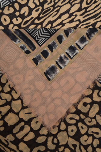 Border Leopard Salmon Wool Silk Shawl - 2