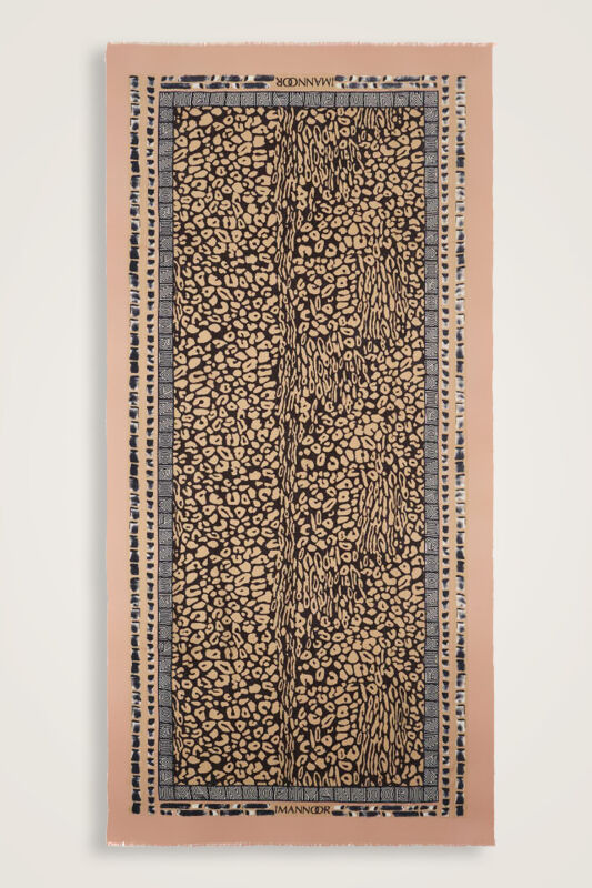 Border Leopard Salmon Wool Silk Shawl - 1