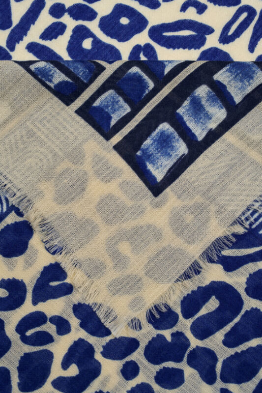 Border Leopard Saxe Blue Wool Silk Shawl - 4