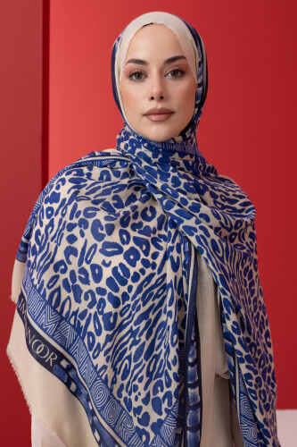 Border Leopard Saxe Blue Wool Silk Shawl 