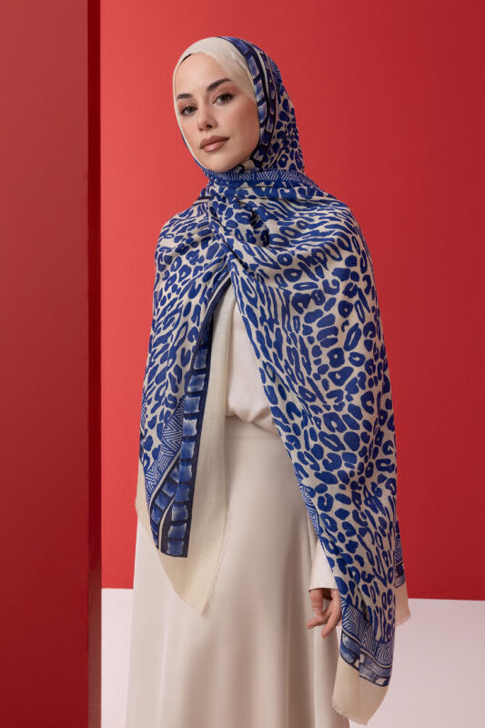 Border Leopard Saxe Blue Wool Silk Shawl - 5