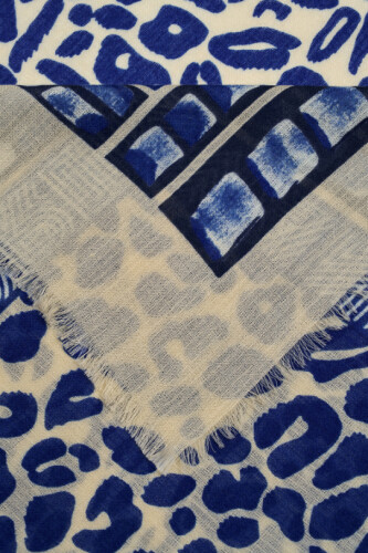 Border Leopard Saxe Blue Wool Silk Shawl - 2