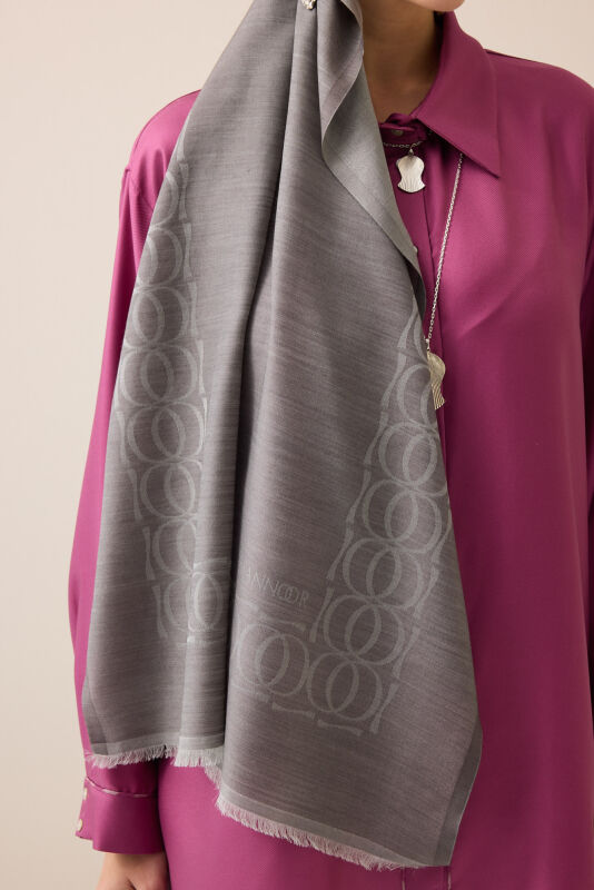 Bordered Bamboonoor Grey Wool Silk Scarf - 3