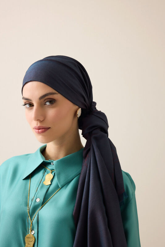 Bordür Bambunoor Bordo-Lacivert Yün İpek Şal 70x200 - 1