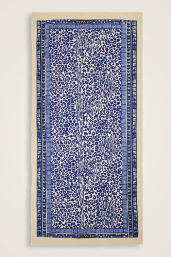 Bordür Leopar Saks Mavi Yün İpek Şal 100x200 - 2