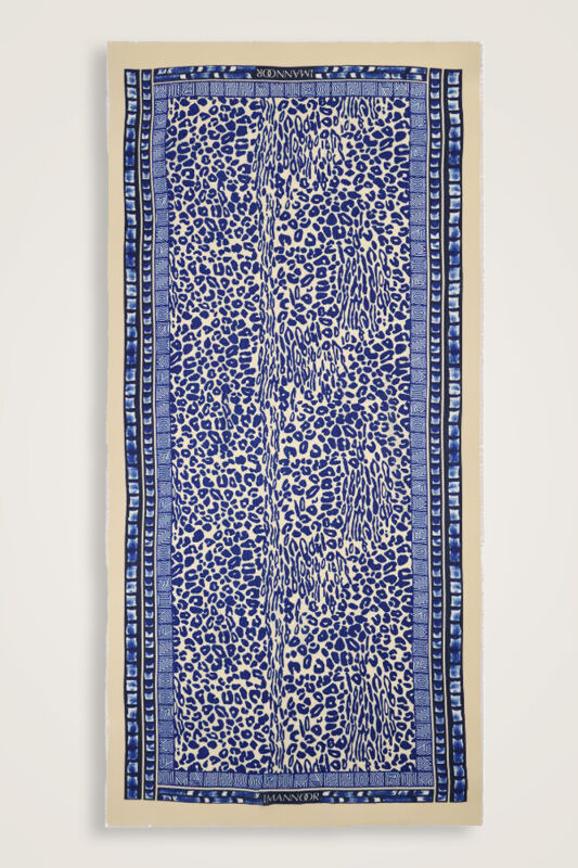 Bordür Leopar Saks Mavi Yün İpek Şal 100x200 - 2
