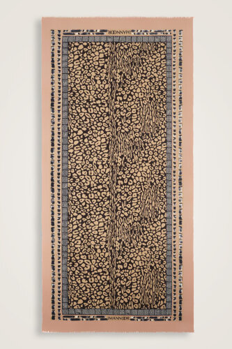 Bordür Leopar Somon Yün İpek Şal 100x200 