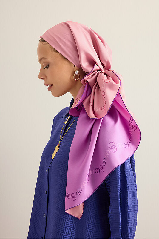 Bordür Noor Pembe-Açık Mercan Çift Taraflı Twill İpek Eşarp 94x94 - 3