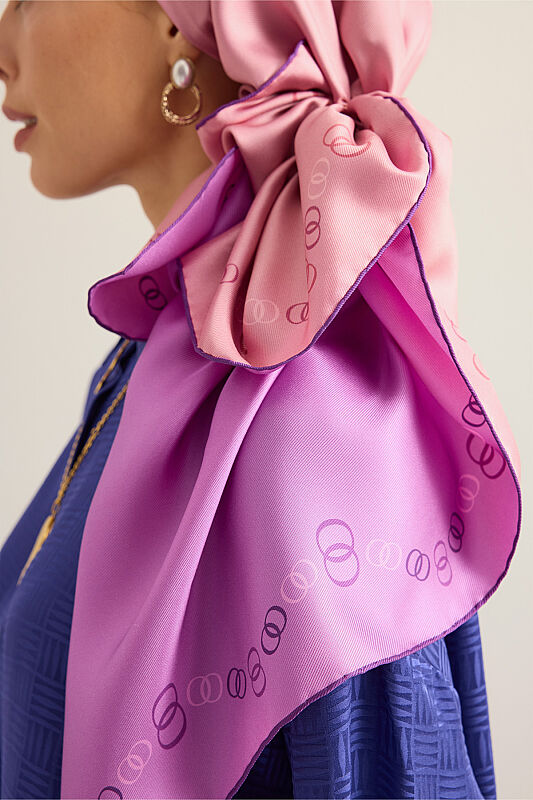 Bordür Noor Pembe-Açık Mercan Çift Taraflı Twill İpek Eşarp 94x94 - 5