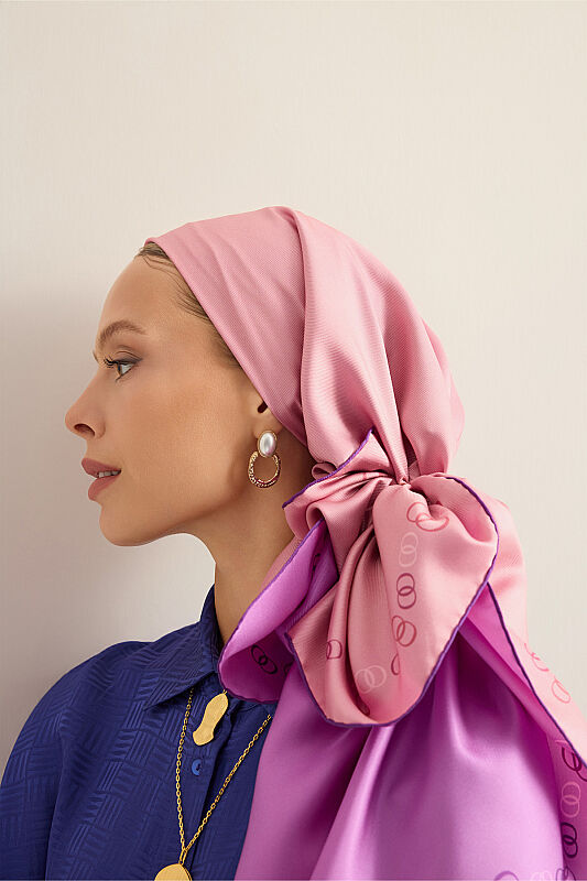Bordür Noor Pembe-Açık Mercan Çift Taraflı Twill İpek Eşarp 94x94 - 1
