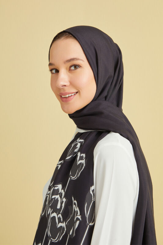 Bosphorus Tulip Flosh Viscose Shawl Black - 5
