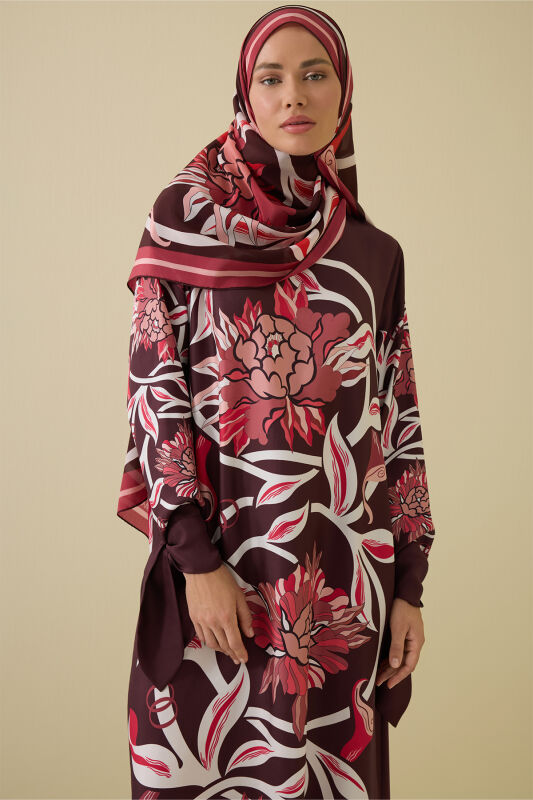 Burgundy Silk Dress with Flower Path Cuff Detail - 5