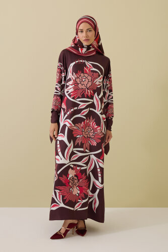 Burgundy Silk Twill Dress with Flower Path Cuff Detail 