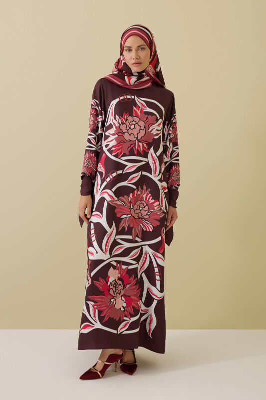 Burgundy Silk Twill Dress with Flower Path Cuff Detail - 1