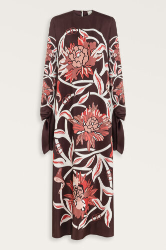 Burgundy Silk Twill Dress with Flower Path Cuff Detail - 2