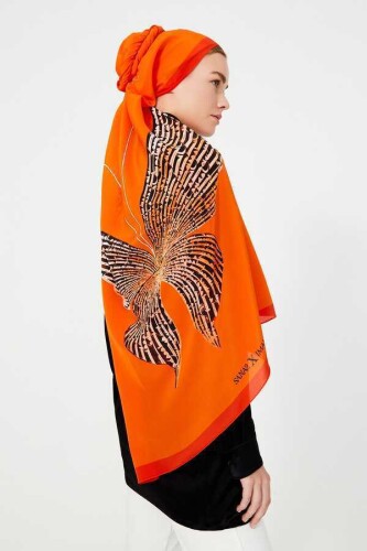 Butterfly Silk Shawl Orange - 2