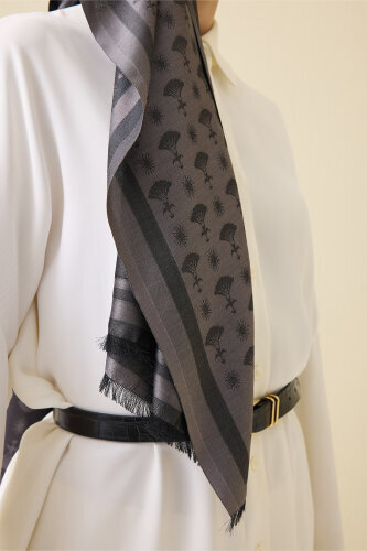 Carnation Monogram Silk Shawl Dark Grey - 5