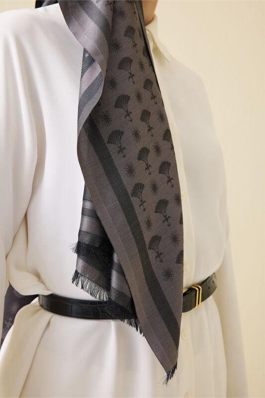 Carnation Monogram Silk Shawl Dark Grey - 5