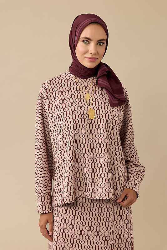 Chain Monogram Burgundy Jacquard Knit Blouse - 1
