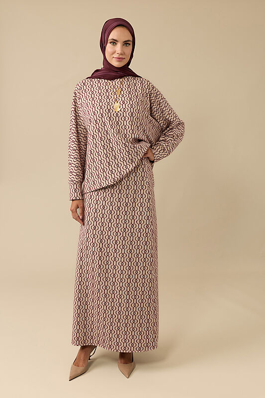 Chain Monogram Burgundy Jacquard Knit Skirt - 6