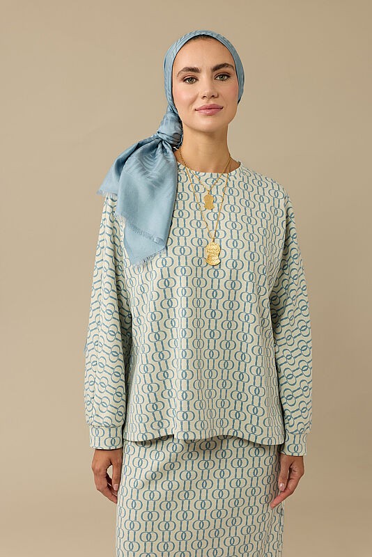 Chain Monogram Light Blue Jacquard Knit Blouse - 1