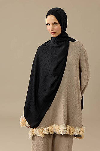 Chain Pattern Cotton Silk Shawl Black - Imannoor
