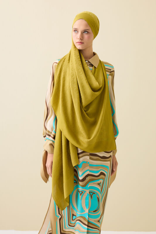 Chain Pattern Oil Green Cotton Silk Shawl - 3