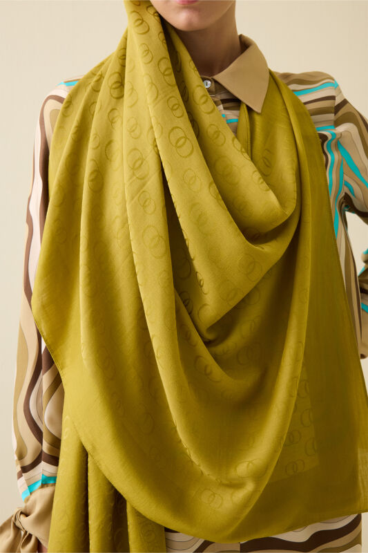 Chain Pattern Oil Green Cotton Silk Shawl - 5