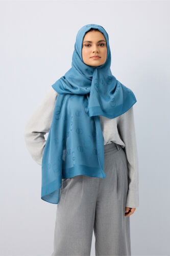 Chain Square Cotton Silk Shawl Petrol Blue - 1