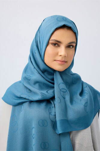 Chain Square Cotton Silk Shawl Petrol Blue - 3