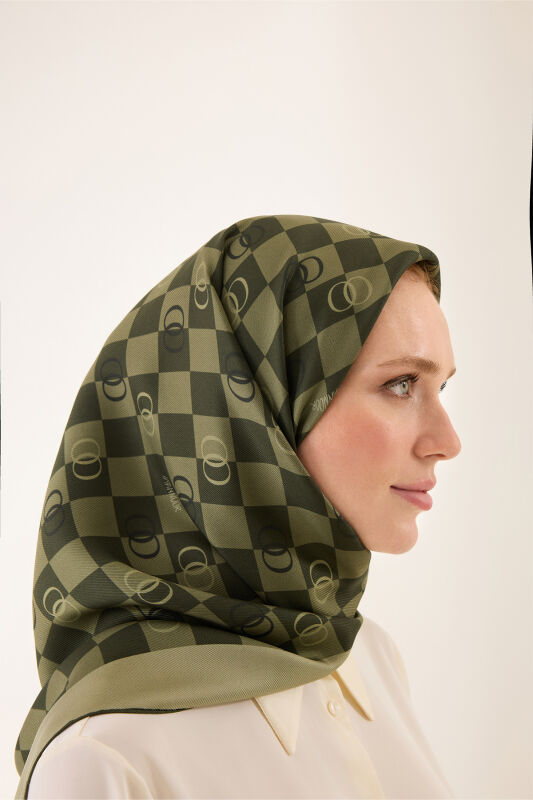 Checkerboard Logo Green Twill Silk Scarf - 3