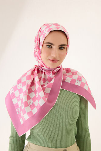 Checkerboard Logo Pink Twill Silk Scarf 